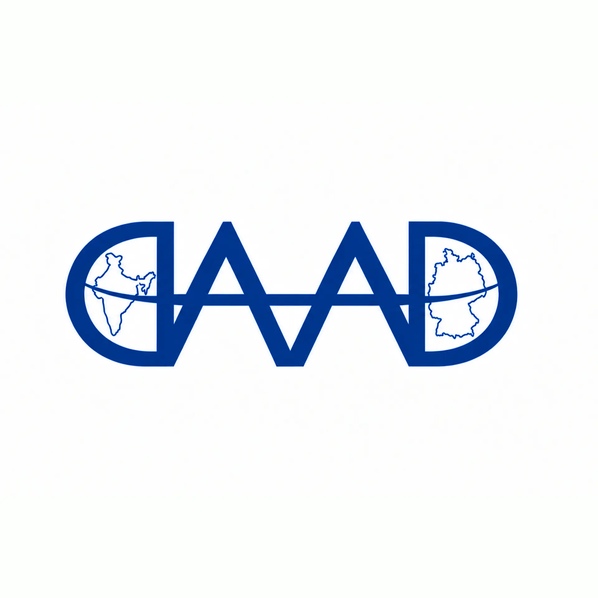 DAAD concept 1 in indigo: two D's as halves of a globe holding India and Germany, joined by a tapered line